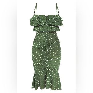 PrettyLittleThing Green Polka Dot Ruffle Detail Gathered Front Midi Dress